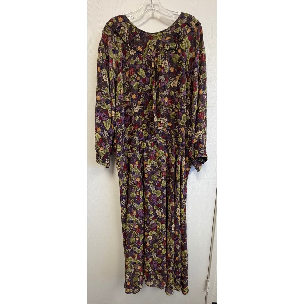 Diane Freis Original Vintage Silk Boho Maxi Dress Floral Fruit Print Purple 2X